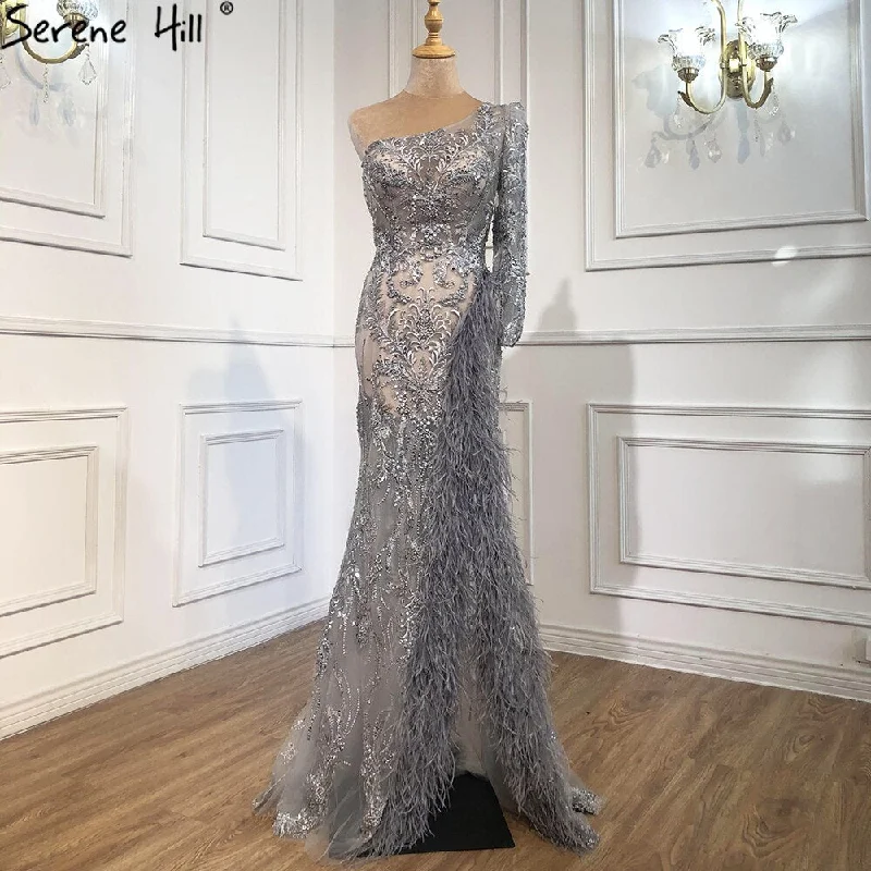 Breathable unclassified dressesSerene Hill Grey High Split Mermaid Sexy Evening Dresses 2024 One Shoulder Beading Feathers Formal Dress Design LA70691 Breathable unclassified dresses