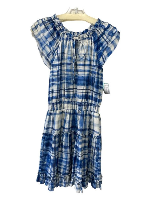 Office unclassified dressesShoshanna Size 2 Blue & White Linen Blend Plaid Elastic Waist V Neck Dress Office unclassified dresses