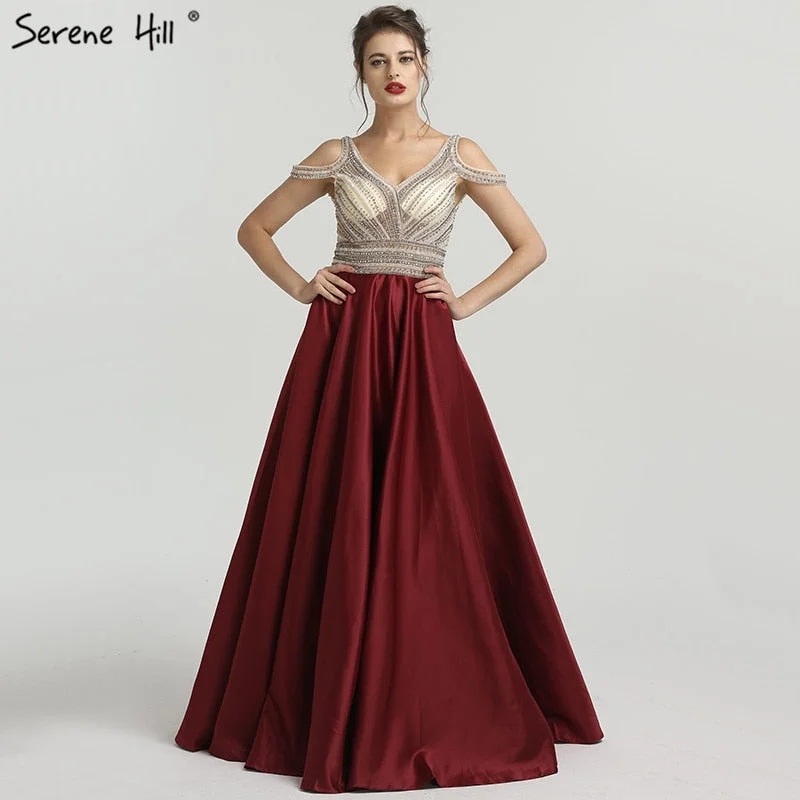 Backless unclassified dressesWine Red V-Neck Satin Evening Gowns Sleeveless Beading Crystal A-Line Prom Dress LA6183 Backless unclassified dresses