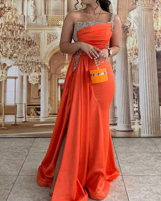 Festival unclassified dressesMermaid One Shoulder Orange Prom Dresses Beaded Split Festival unclassified dresses