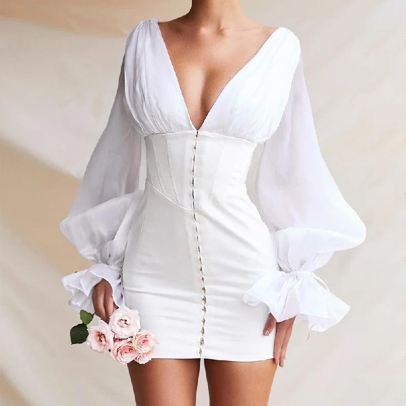 Affordable unclassified dressesLantern sleeves deep V waist white slim dress Affordable unclassified dresses