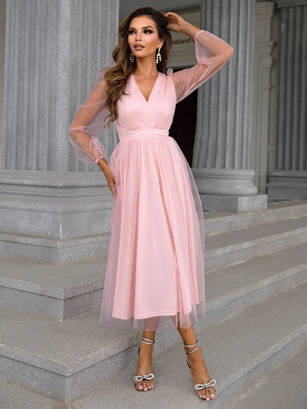 Wedding guest unclassified dressesMesh Puff Sleeve V-Neck A-Line Dress Wedding guest unclassified dresses