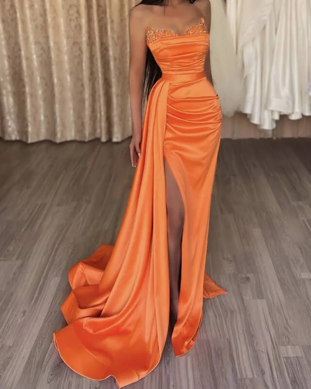 Gothic unclassified dressesMermaid Beaded V-neck Orange Satin Slit Prom Dress Gothic unclassified dresses