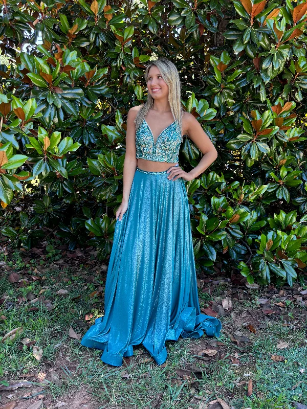 Fashionable unclassified dressesRachel Allan 7209 Teal Shimmer 2 Piece Dress with Slit Fashionable unclassified dresses