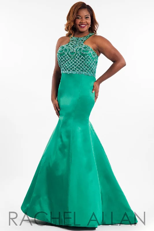 Printed unclassified dressesRachel Allan 7834 Emerald Green Fit-N-Flare Halter Dress - Size 24W Printed unclassified dresses