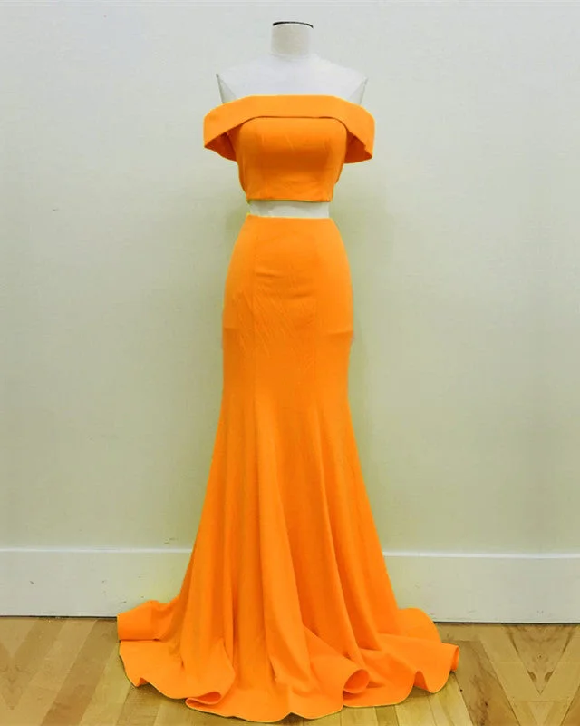 Comfortable unclassified dressesTwo Piece Orange Prom Dresses Mermaid Off Shoulder Comfortable unclassified dresses