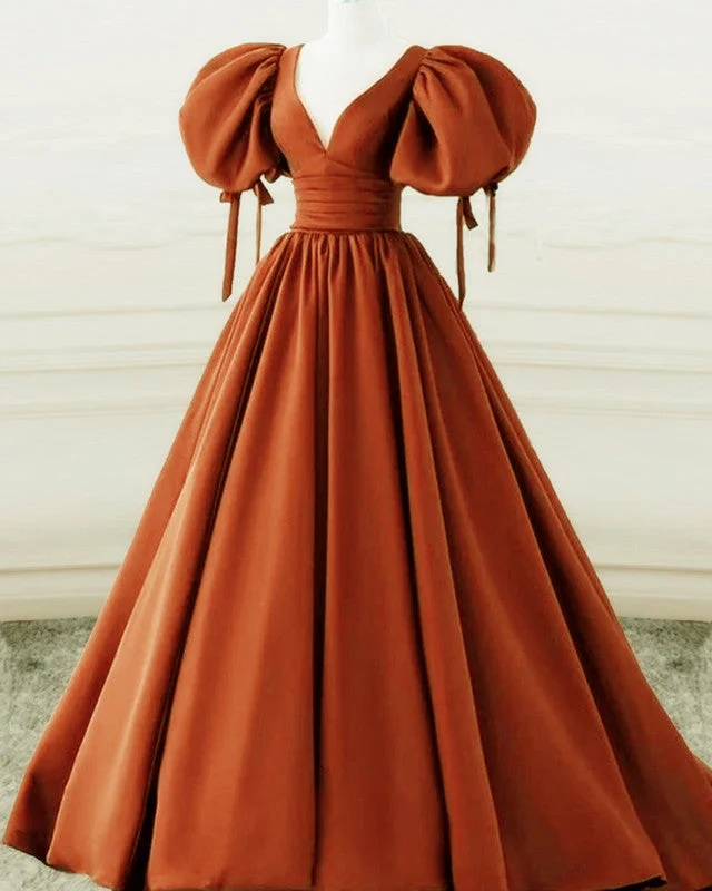 Trendy unclassified dressesV Neck Puffy Sleeves Orange Ball Gown Trendy unclassified dresses