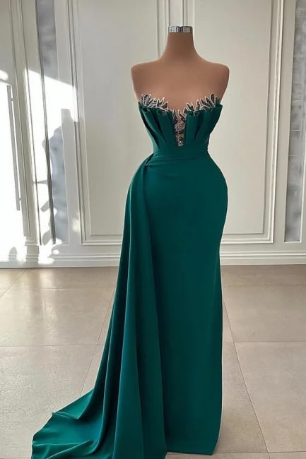 Beautiful Dark Green Long Prom Dress Evening Gowns Strapless Mermaid Layered Maxi Skirt