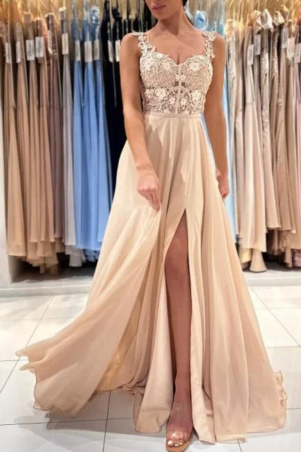 Chic Lace Sleeveless Prom Dress With Slit Long Champagne Casual Maxi Outfit