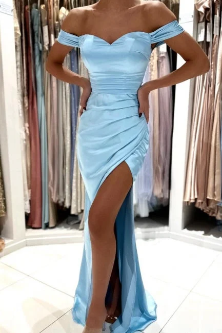 Chic Long Sky Blue Sleeveless Prom Dress With Slit Off-the-shoulder Mermaid Skater Maxi Skirt