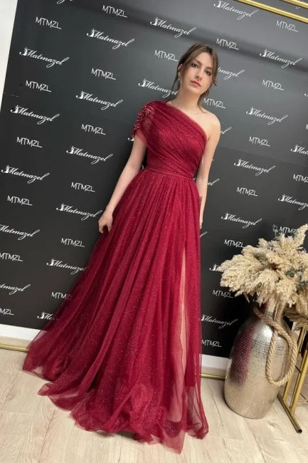 Fabulous Burgundy One Shoulder Sleeveless Prom Dress With Slit Long Glitter Maxi Skirt Dress