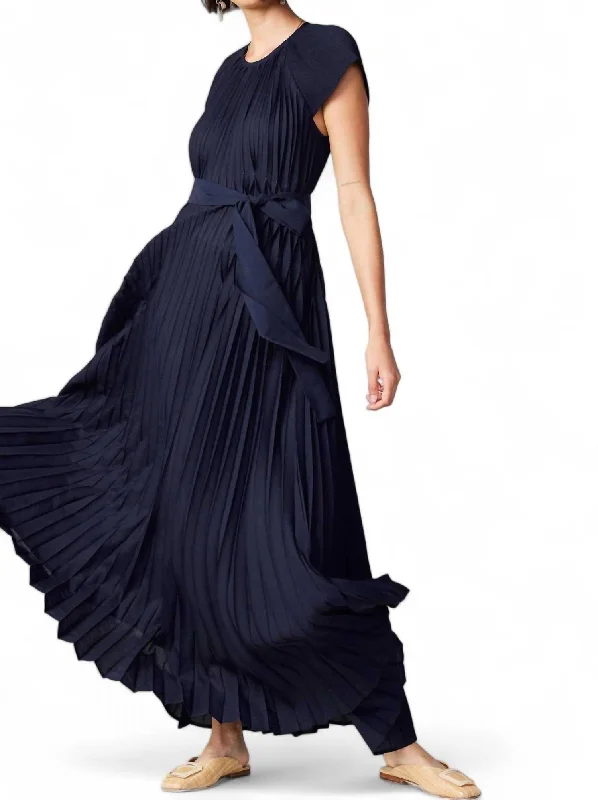 Fluttered Maxi Pleated Dress In Navy High-Waisted Maxi Skirt