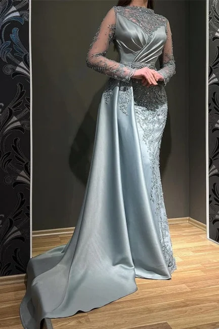 Gorgeous Grey Long Sleeves Jewel Mermaid Stretch Satin Evening Prom Dresses with Appliques Fitted Maxi Skirt