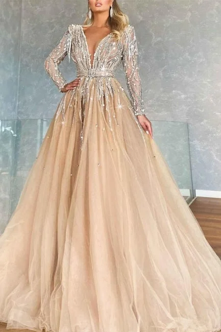 Luxurious V-neck Ball Gown Prom Dresses With Beads Long Sleeves Lace Detail Maxi