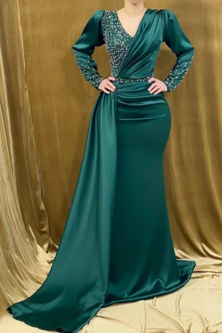 Modern Beading Mermaid Prom Dress With Long Sleeves Long Green V-neck Denim Maxi Skirt