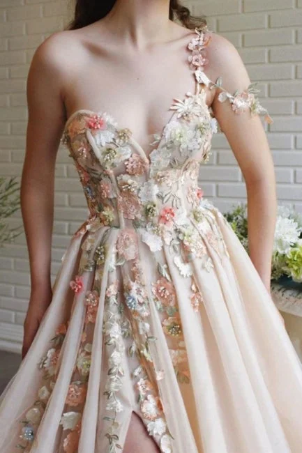 Modern One Shoulder Flowers Prom Dress With Slit Long Front Slit Maxi