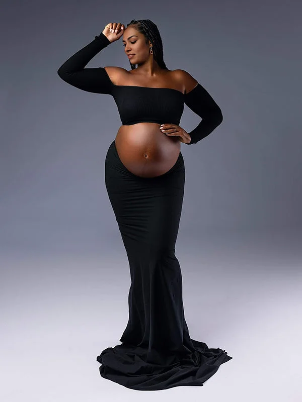 Momyknows Black Off Shoulder Crop 2-in-1 Long Sleeve Bodycon Mermaid Going Out Gowns Photoshoot Maternity Maxi Dress Button-front Maxi Skirt