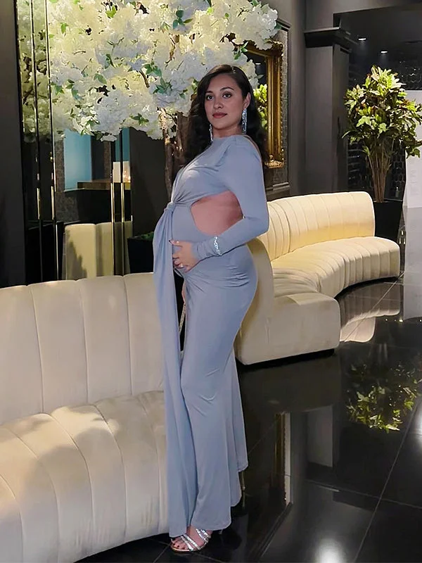 Momyknows Cut Out Draped Backless Bodycon Elegant Evening Party Photoshoot Baby Shower Maternity Maxi Dress Button-down Maxi Skirt