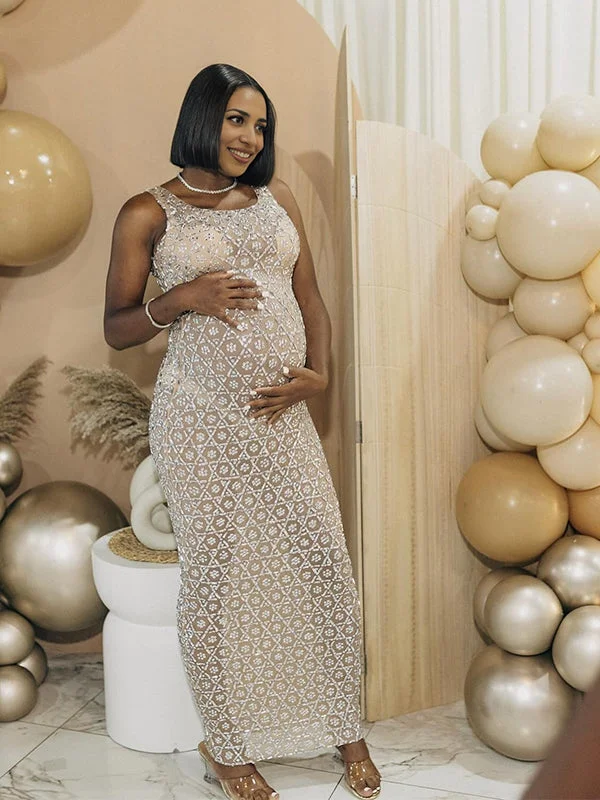 Momyknows Diamond Sparkly Rhinestone Back Slit Mesh Sheer Elegant Photoshoot Baby Shower Maternity Maxi Dress Maxi Skirt Party