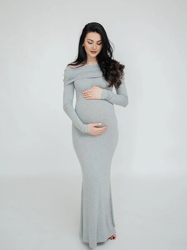 Momyknows Grey Off Shoulder Mermaid Elegant Going Out Maternity Photoshoot Maxi Dress Sexy Maxi Skirt