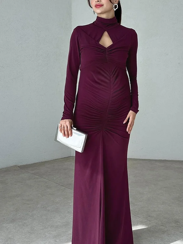 Momyknows Purple High Neck Ruffle  Backless Ruched Hollow Bodycon  Elegant Maternity Maxi Dress Silk Maxi Skirt