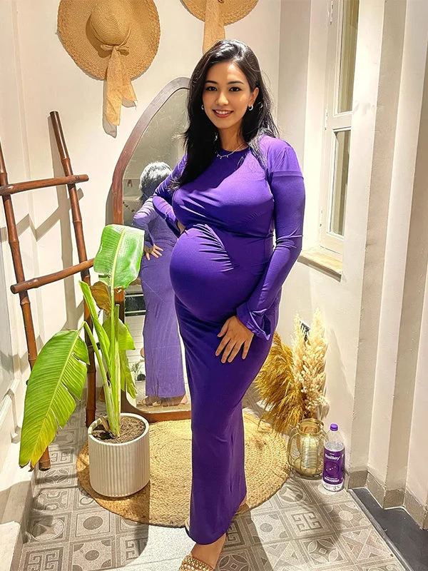 Momyknows Ruched Solid Color Flare Sleeve Bodycon Party Baby Shower Maternity Maxi Dress Knit Maxi Skirt