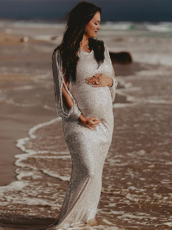 Momyknows Silver Glitter Sequin Tassel Lantern Sleeve Mermaid Elegant Evening Gown Maternity Photoshoot Maxi Dress Bold Maxi Skirt