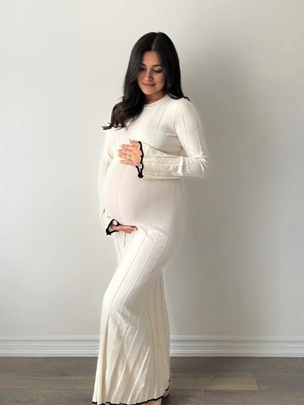 Momyknows White Color Splicing Ruffle Bodycon Photoshoot Baby Shower Maternity Maxi Sweater Dress Button-up Maxi Skirt