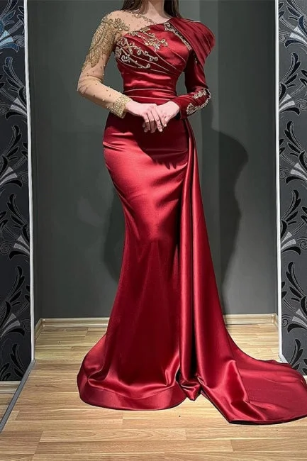 Ruby Long Sleeves Mermaid Stretch Satin Evening Prom Dresses with Ruffles Soft Maxi Dress