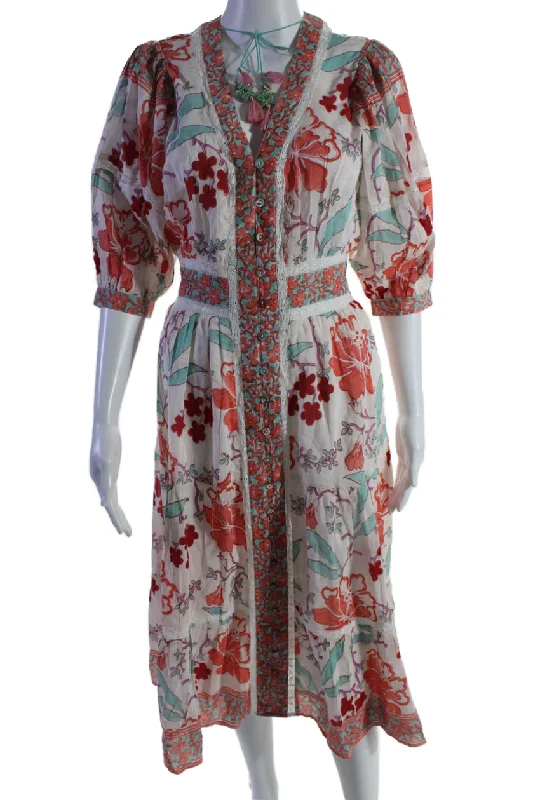 Bell Womens Cotton Blend Red Floral V-Neck 3/4 Sleeve Midi Dress Pleated Floral Midi