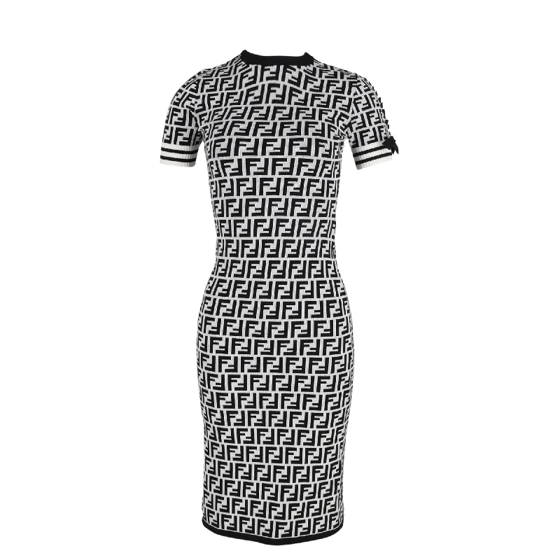 Fendi Zucca Printed Midi crewneck Fitted Dress in Black and White Viscose Plain Midi Skirt