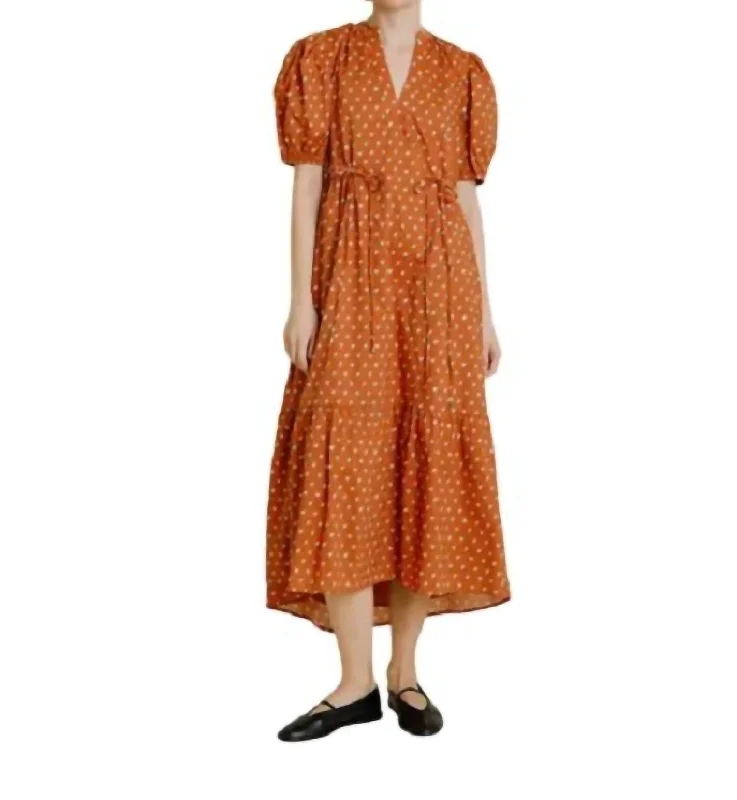 Floral Midi Dress With Ties In Terracotta Stylish Pleated Skirt