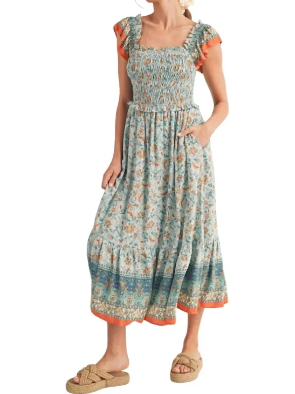 Floral Print Ruffled Midi Dress In Blue Button-down Midi Skirt