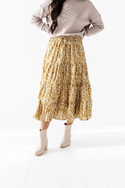 Meadow Tiered Midi Skirt in Mustard - Size 1X Left Winter Midi Skirt