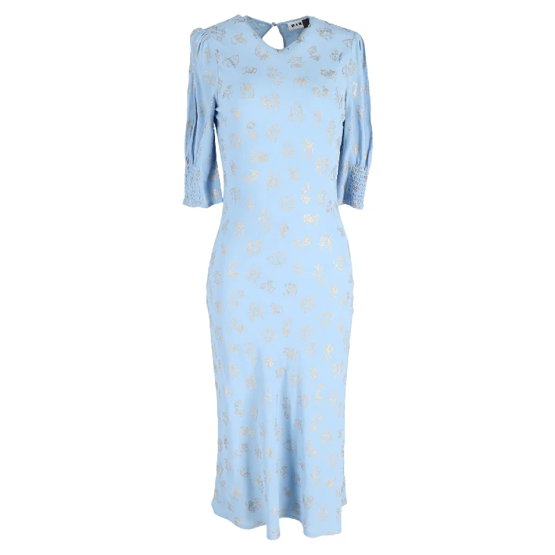 Rixo Jess Zodiac Signs Print Midi Dress in Light Blue Viscose Bohemian Midi Skirt