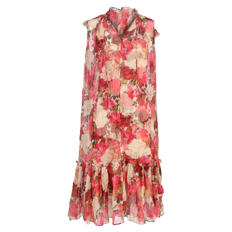 Zimmermann Floral Print Midi Tiered Dress in Multicolor Silk Classic A-line Skirt