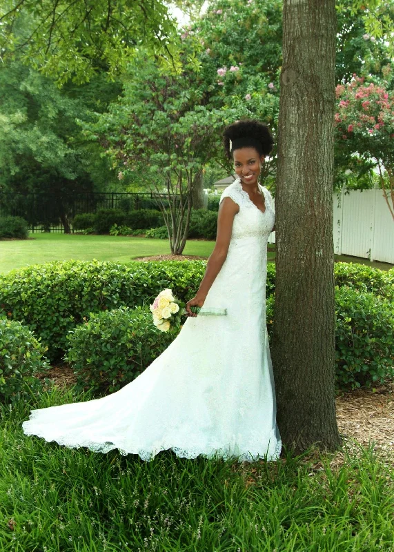 David's Bridal Cap Sleeve Lace Over Satin Gown with Illusion Back Sexy Lace Gown