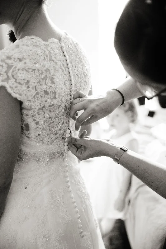 David's Bridal Cap Sleeve Lace Over Satin Gown with Illusion Back Lace Dress Style