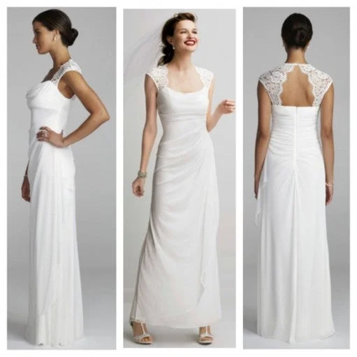 David's Bridal Cap Sleeve Long Jersey Dress With Lace Detail Lace Skater Dress