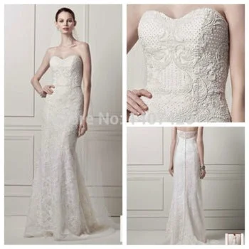 Oleg Cassini Strapless Lace Sheath Gown with Pearl Beading / CW Lace Dress Sleek