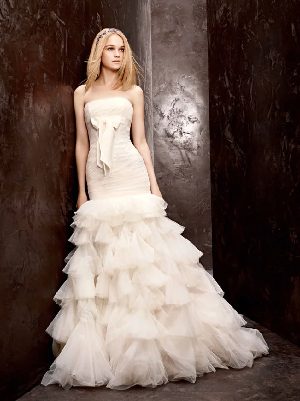 Vera Wang Mermaid Gown with Lace Applique & Grosgrain Bo Tiered Lace Dress